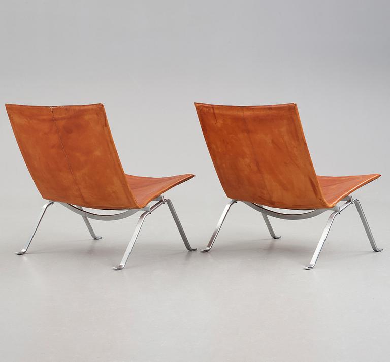 Poul Kjaerholm, a pair of "PK-22" steel and brown leather easy chairs, edition E Kold Christensten, Denmark 1960's.