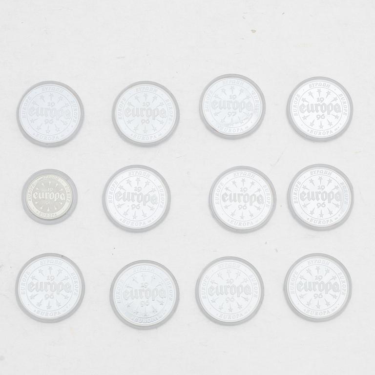 Silver coins, 11 pcs, .999 fine silver, “The First EUROPA Issues”, Skandinaviskt Myntkontor, Göde.