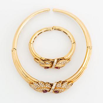 Collier och armband 18K guld med fasettslipade rubiner.