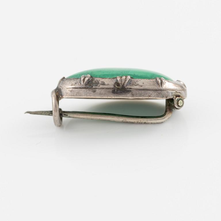 Brooch silver with malachite, antique.
