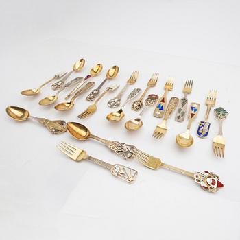 Anton Michelsen, Christmas cutlery, 21 pieces, gilded sterling silver and enamel, Denmark total weight 888 grams.