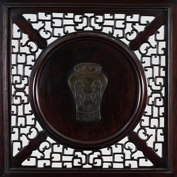 A four panel screen with porcelain placques, Qing dynasty, 19th Century.
