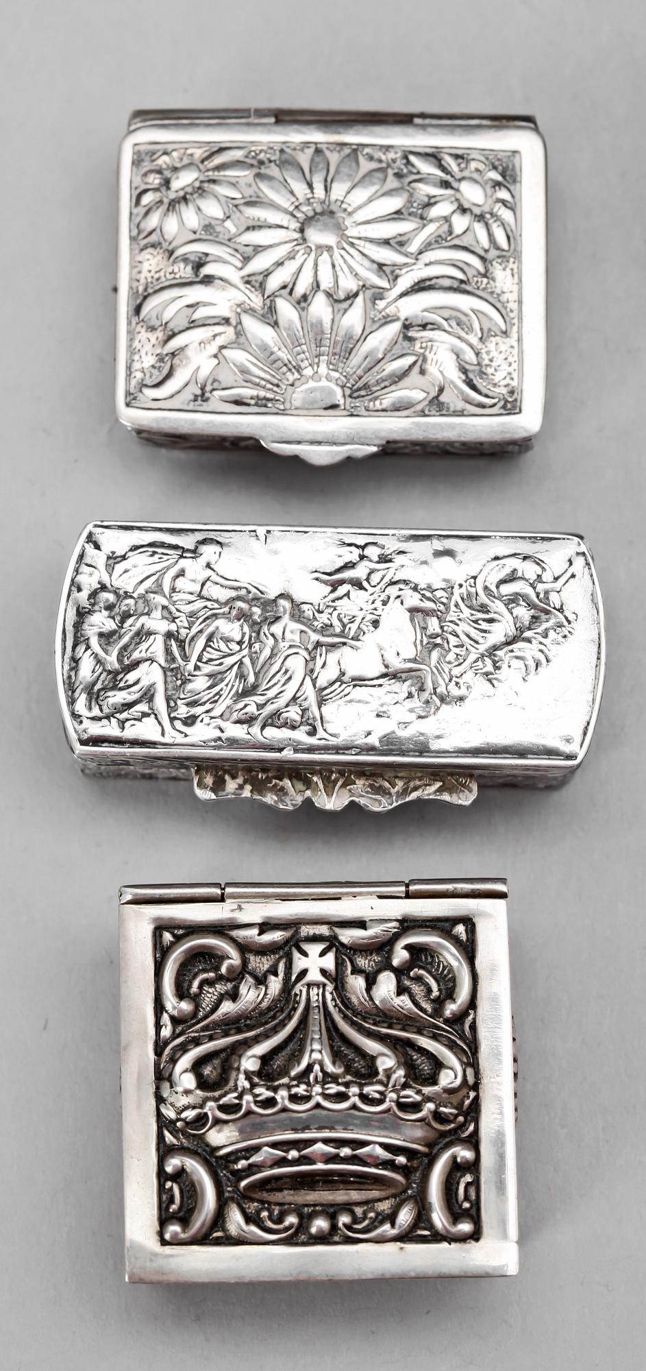 PARTI SILVERDOSOR, 15 st, olika nationaliteter. 1800-1900-tal. Vikt ca 343g.
