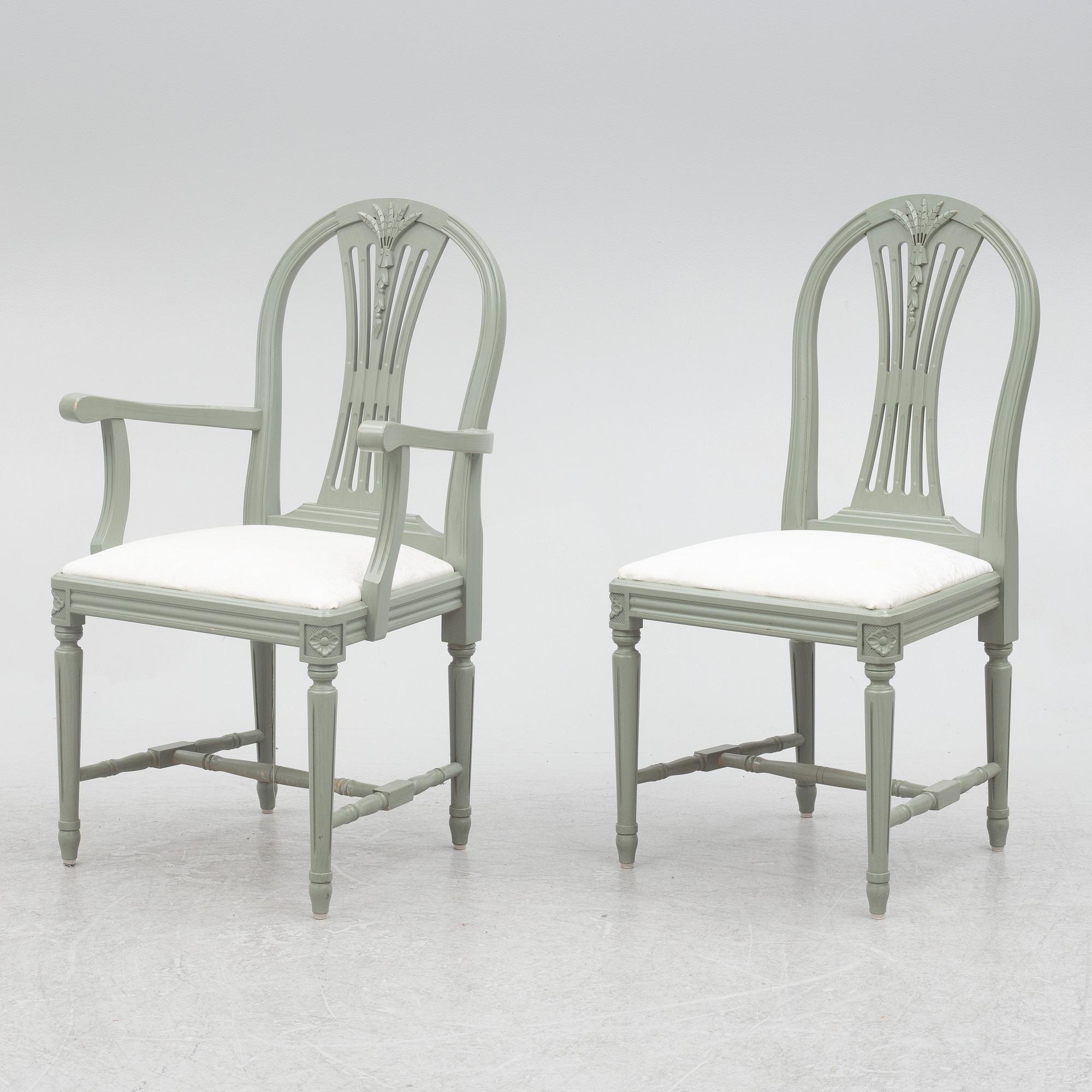 Dining table, with 2 armchairs and 6 chairs, Gustavian style, late 20th century.