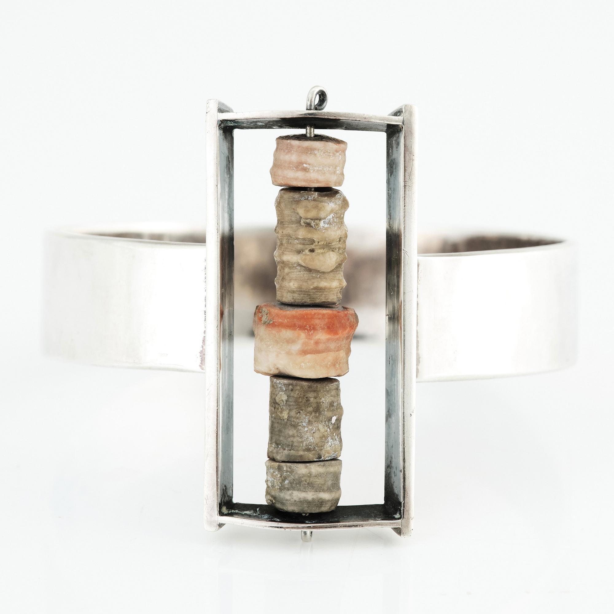Inga-Britt "Ibe" Dahlquist, a sterling silver necklace, brooch (Olof Barve), earrings and a bangle executed in her own studio Malmö 1958-1959.