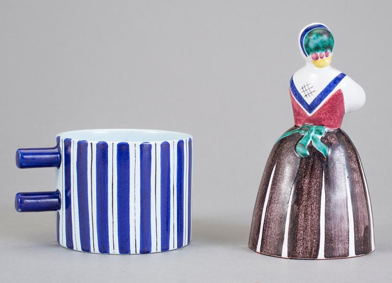 FAT, 2 st, FIGURIN samt KOPP, fajans, Gustavsberg, 1900-talets första hälft.