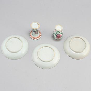 Two famille rose miniature vases, and three dishes, Qing dynasty, 18th century.