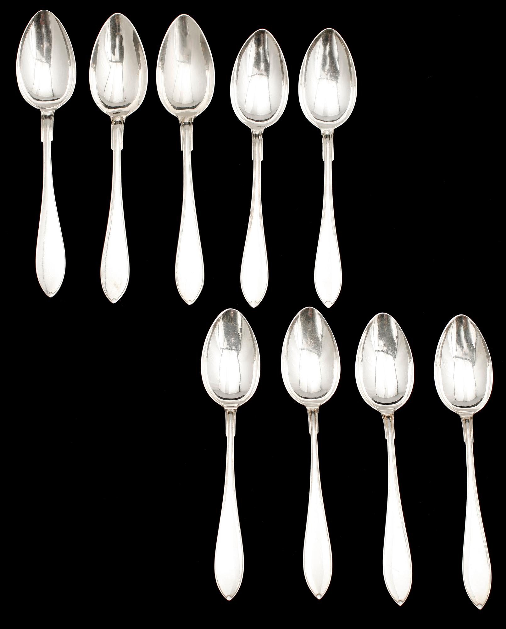 MATSKEDAR, 9 st, snarlika, silver, GAB, Stockholm bla 1918. Tot vikt 498 g.