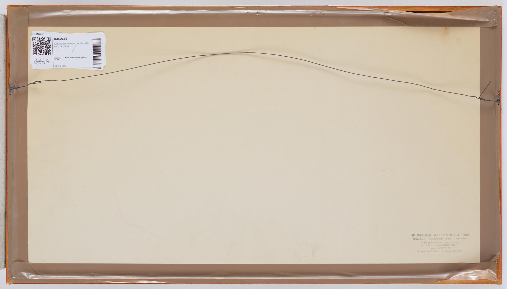 Solfjädersmålningar, tre stycken, Kina, 1900-tal.