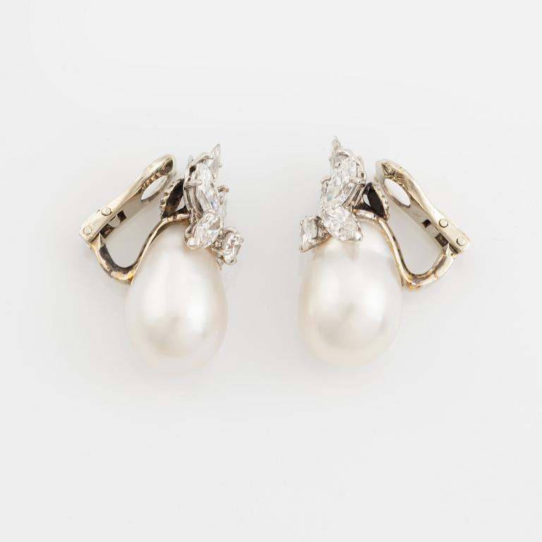 Van Cleef & Arpels a pair of earrings with drop-shaped cultured pearls and marquise and round brilliant-cut diamonds.