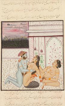 Unidentified artist, Interiors with erotic scenes, India, 20th century. Three pieces.