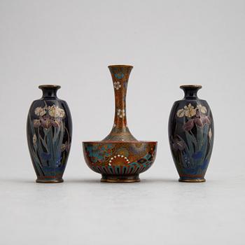 Three Japanese cloisonné miniature vases (2+1), Meiji (1868-1912).
