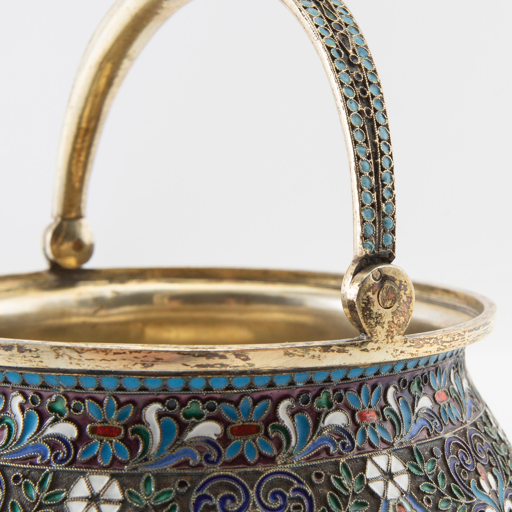 Bowl with handle Russia St Petersburg (?) silver and enamel 1908-26.