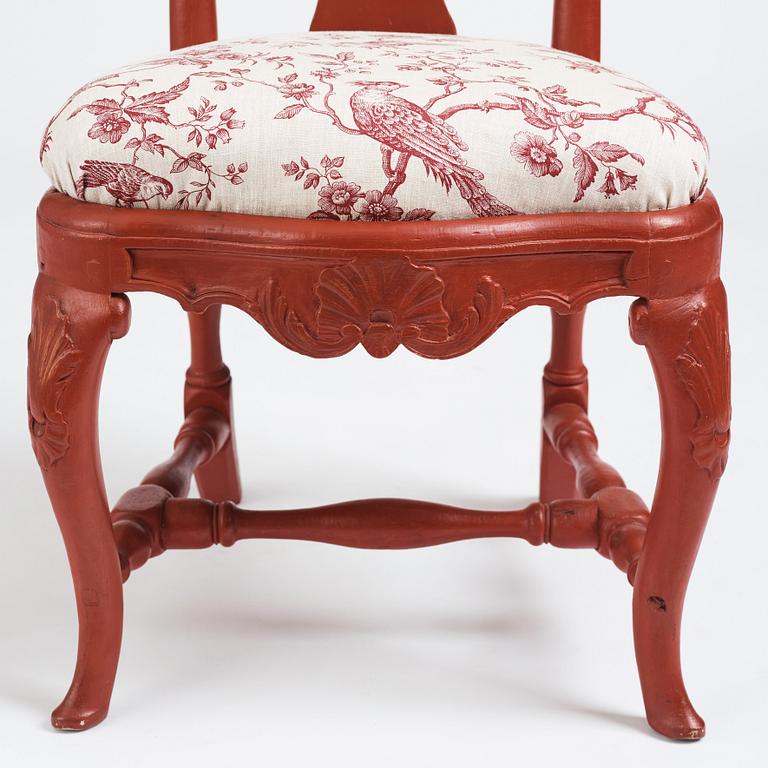 A set of four Swedish Rococo chairs, mid 18th century.