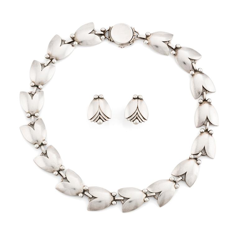 Georg Jensen, a necklace and a pair of "Tulip" earrings no. 66 and no. 106, sterling silver, Denmark.