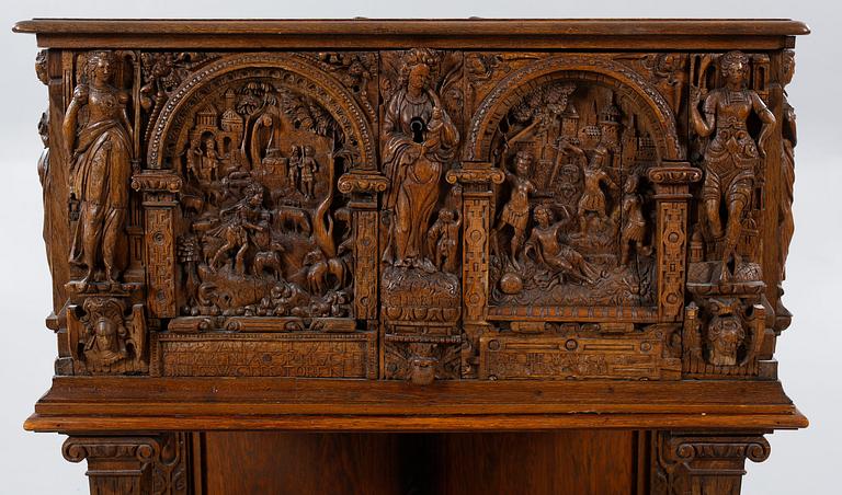 A coffin and a legframe, 18th century respektive 20th century.