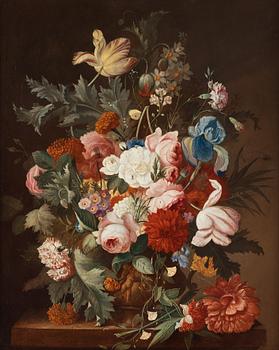 648. Jan van Os Attributed to, Flower stillife with a yellow Butterflie and a dragonfly.