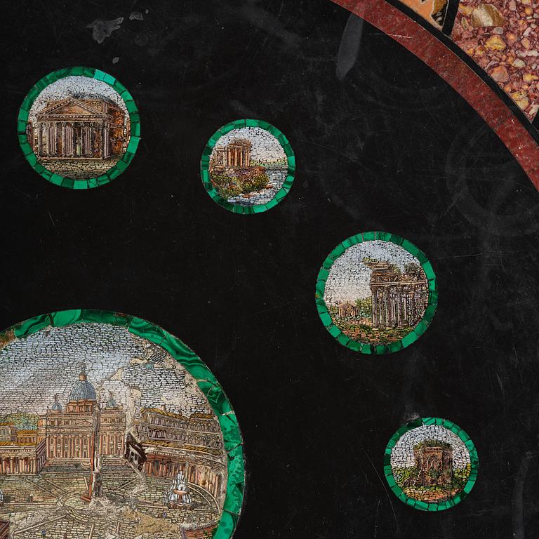 An Empire-style mahogany table with a pietre dure, micromosaic and specimen marble top, mid 19th century.