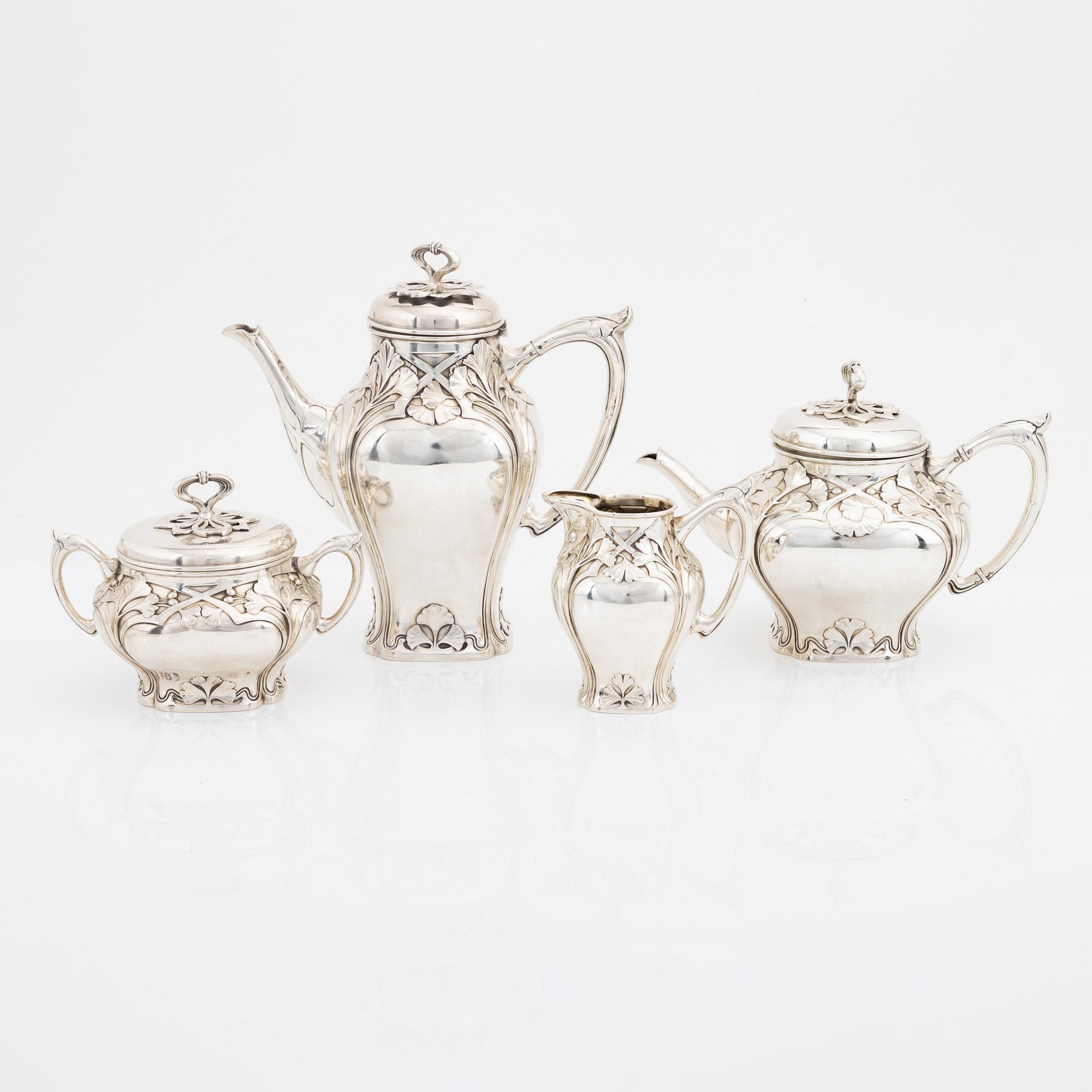 Carl Fredrik Carlman, kaffeservis, 4 delar, silver, jugend, Stockholm, 1907.