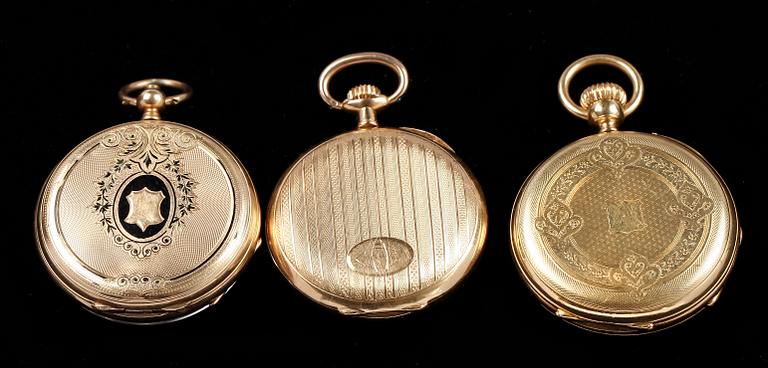 DAMFICKUR, 3 st, guld 14-18K, sent 1800-tal till tidigt 1900-tal.