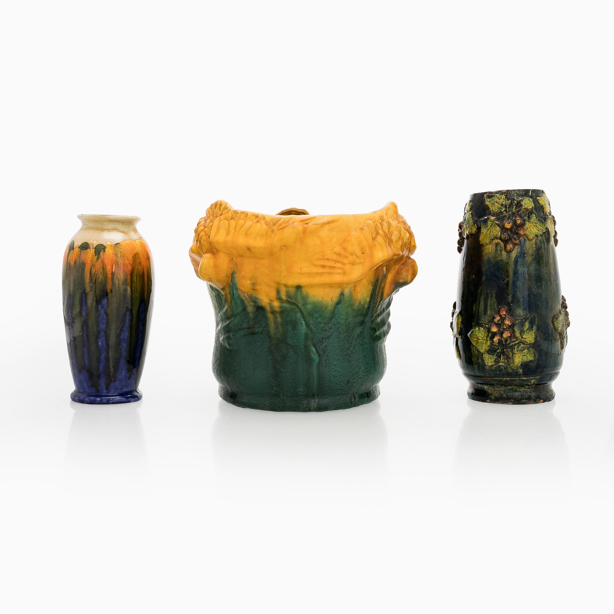 Flower pot for Turun kaakelitehdas,  and three vases, early 20th century.