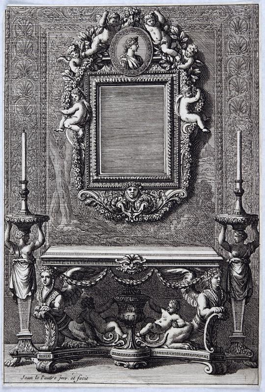 A presumably Dutch Louis XIV carved giltwood frame with mirror glass, in the style of Jean Le Pautre, late 17th century.
