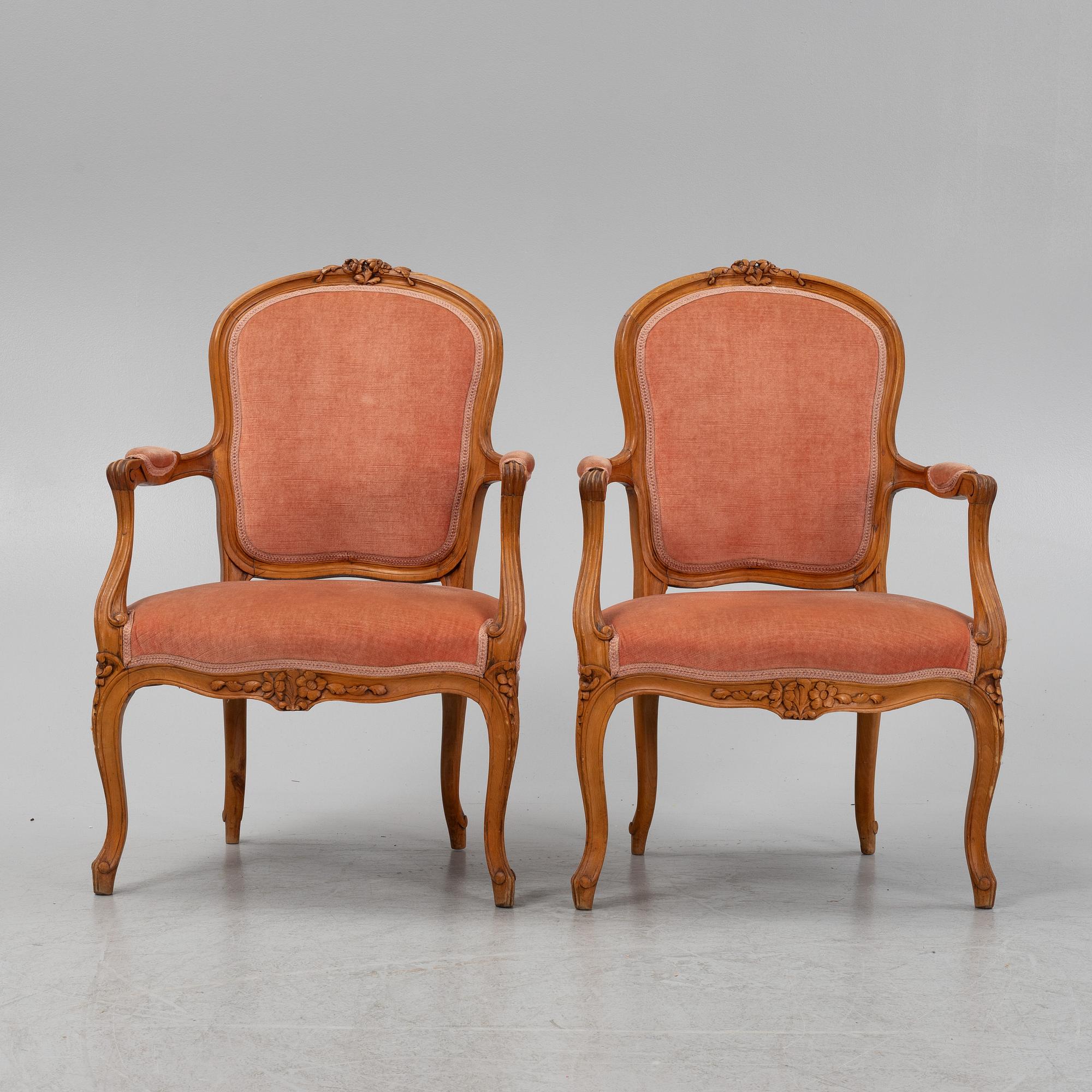 A pair of Louis XVI beechwood armchairs, 18th Century.