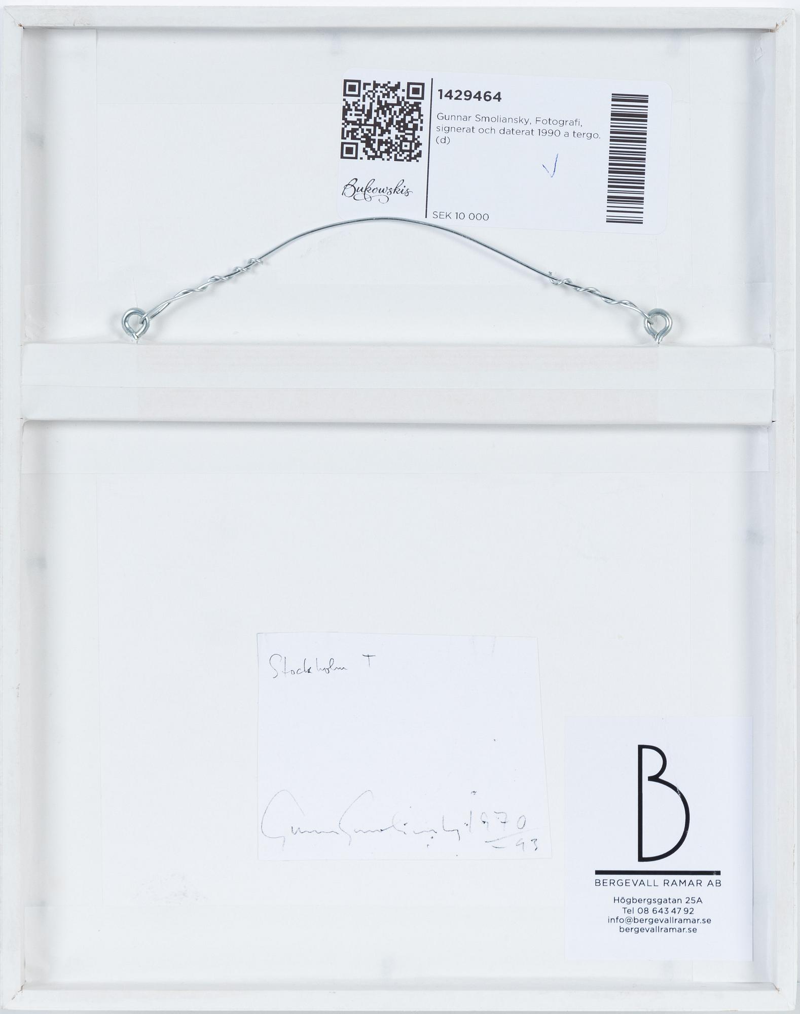 Gunnar Smoliansky, photograph signed and dated 1990 verso.