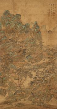 314. A hanging scroll of a landscape in the style of  Wen Zhengming (1470-1559), Qing Dynasty, presumably 18/19th Century.