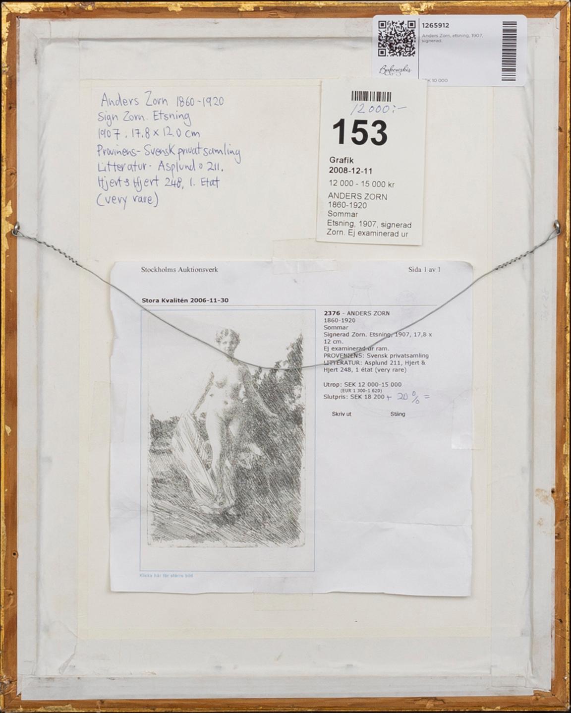 Anders Zorn, a signed etching from 1907.