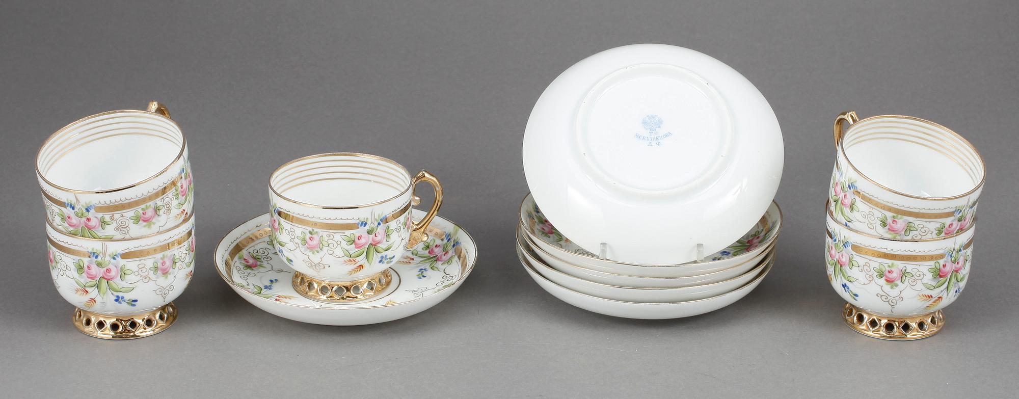 KAFFEKOPPAR med FAT, 5+1 delar, porslin, Kuznetsov, Ryssland.