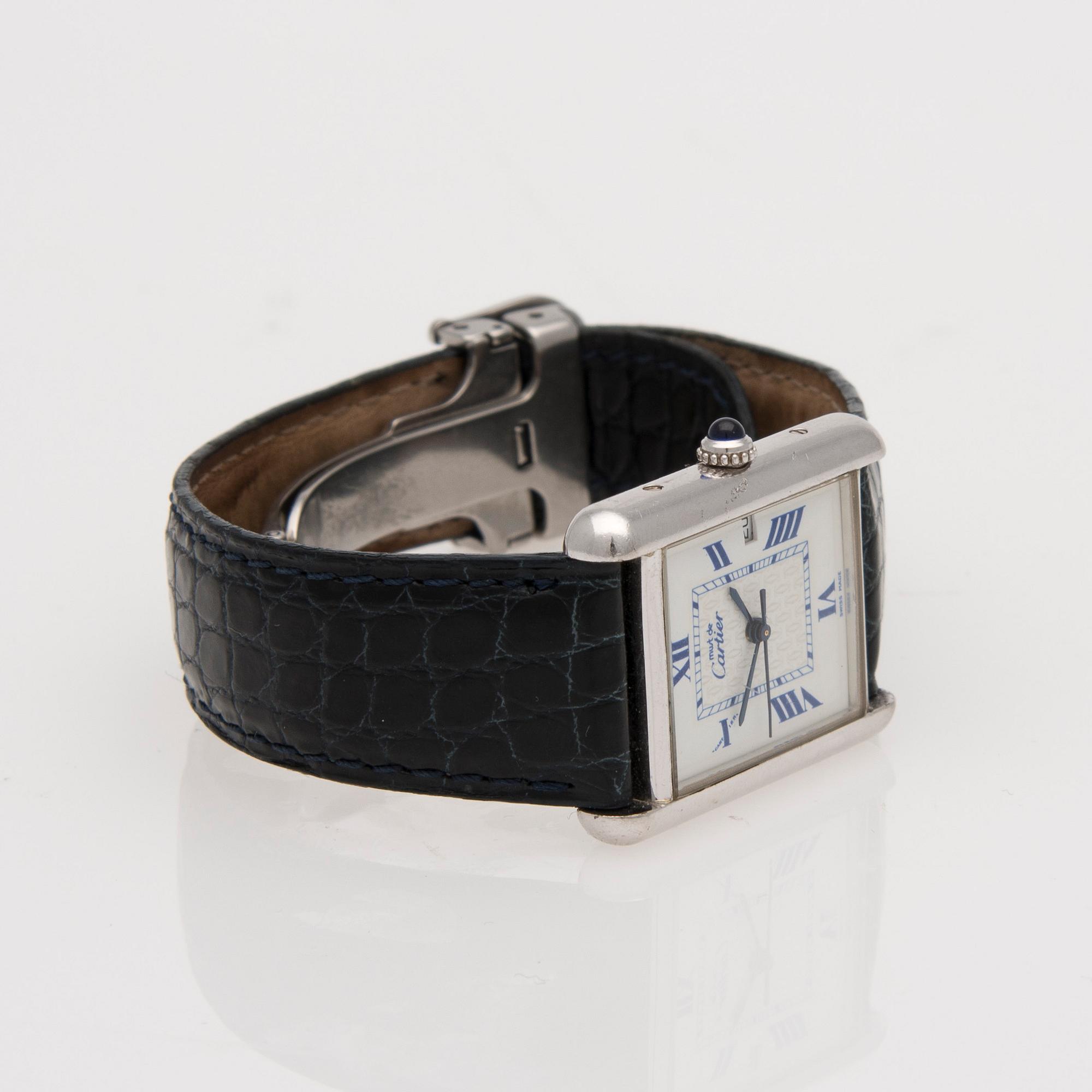 ARMBANDSUR, herr, Must de Cartier, sterling silver, läderarmband.