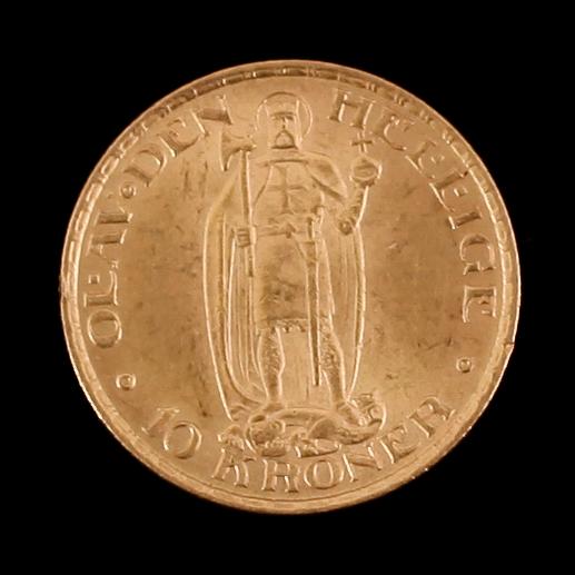 GULDMYNT, 10 kroner, Haakon VII, Norge, 1910.  Vikt ca 4 gram.