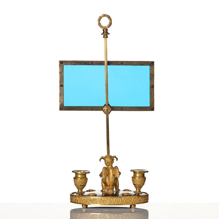 A Russian Empire ormolu and patinated bronse two-light lamp, early 19th century.