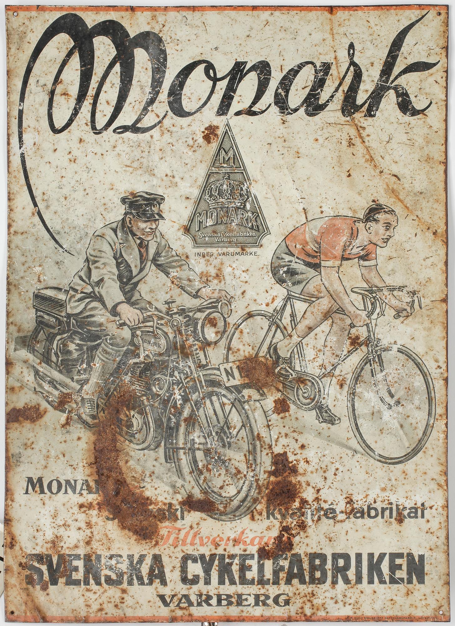 REKLAMSKYLT, plåt, Monark, Sverige, 1900-talets första hälft.