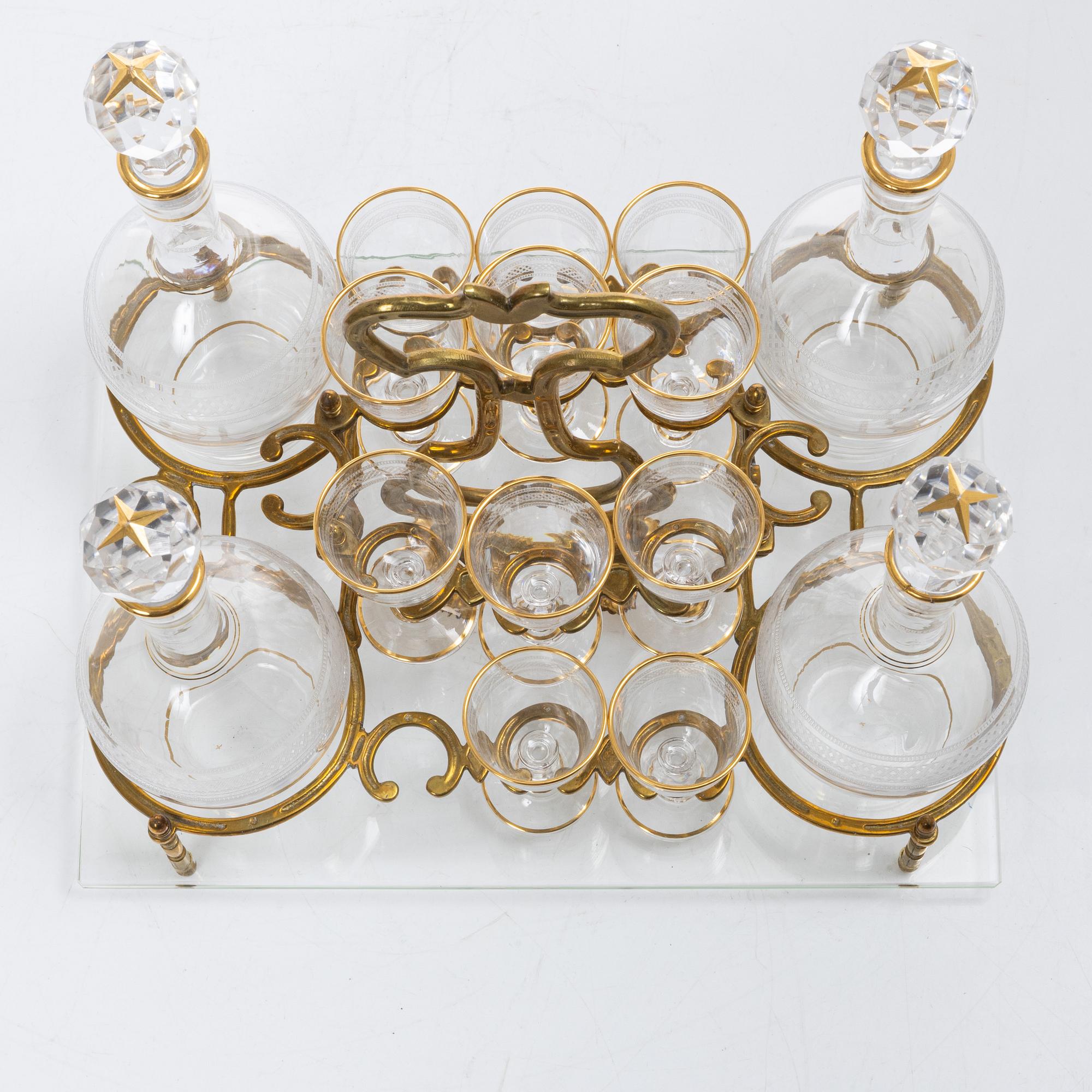 Liqueur set, glass and brass, first half of the 20th century.