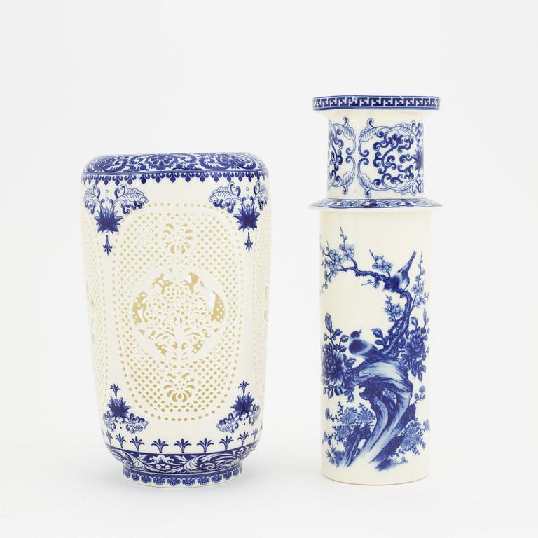 A Chinese two piece roleau vase with pierced sides, late 20th Century.