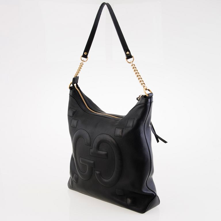 GUCCI Apollo Embossed GG Black Leather Shoulder Bag.