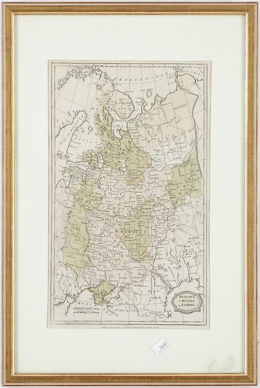 KARTA, etsning, "Muscovy or Russia in Europe", graverad ev J Barlow, 1800-tal.