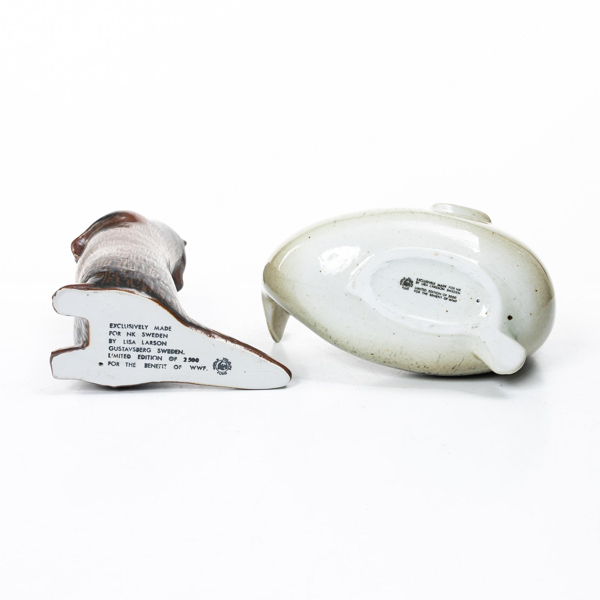Lisa Larson, a 'Pilgrimsfalk' and 'Bison' figurine, Gustavsberg for NK, Nordiska Kompaniet in collaboration with WWF.