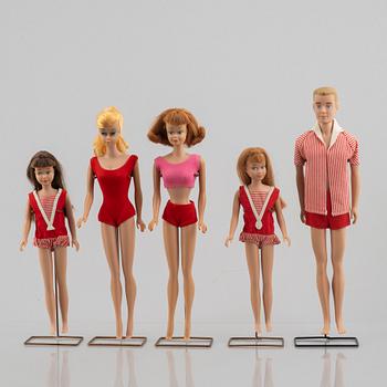 Barbiedockor, 5 st, bl a "Barbie Swirl Ponytail Blonde" & "Skipper Red Hair", Mattel, 1960-tal.