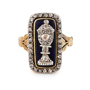 513A. Ring in 14K gold and cobalt blue enamel with rose-cut diamonds in the shape a urn. Likely late 18th/19th century.