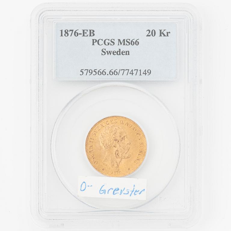 Gold coin, Oscar II, 20 kronor, type II, Sweden 1876.