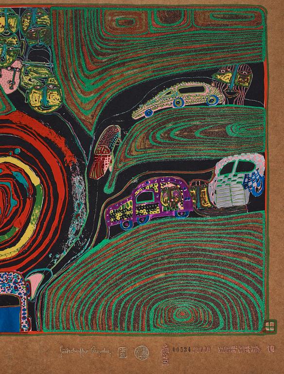 Friedensreich Hundertwasser, the complete portfolio comprising 10 silkscreens in colours with metallic imprints.