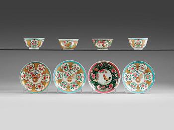 A set of four odd famille rose cups with stands, Qing dynasty, Yongzheng (1723-35).