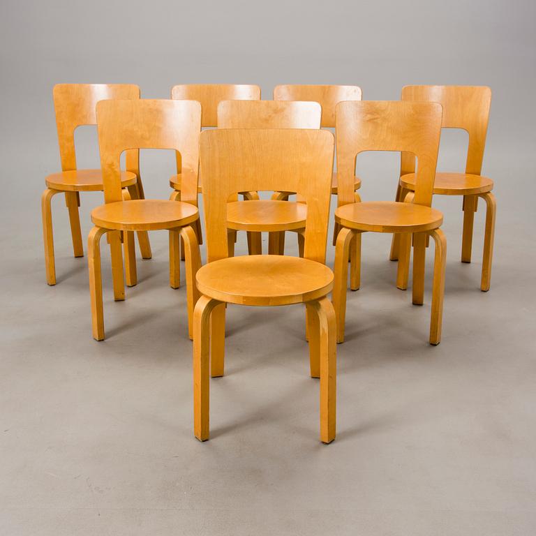 ALVAR AALTO, A SET OF 8 CHAIRS. NO 66,
design 1933. Manufactured by Oy Huonekalu- ja Rakennustyötehdas Ab, Turku 1950´s.