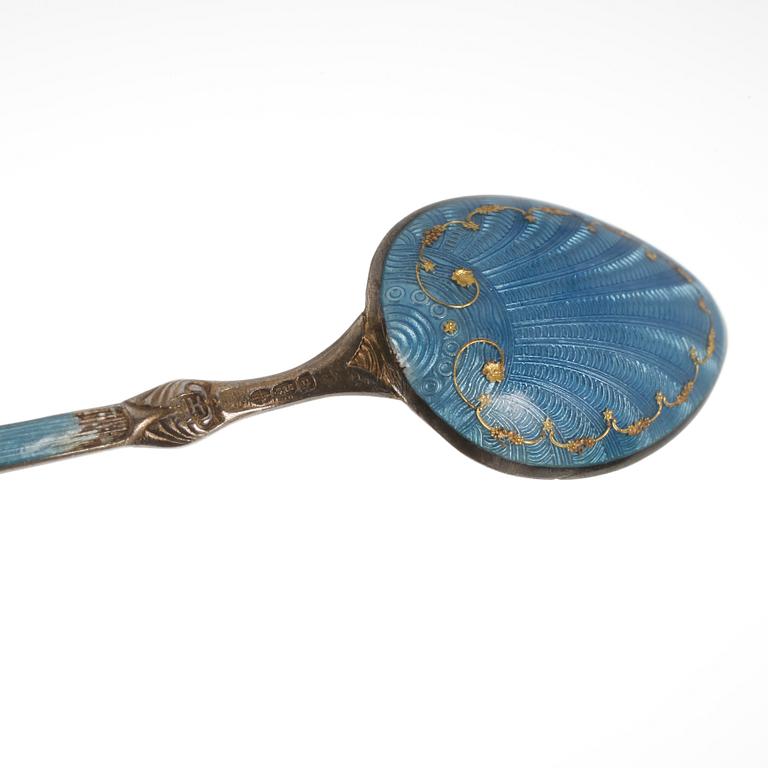 KAFFESKEDAR, 6 st, silver och emalj, utländska stämplar.