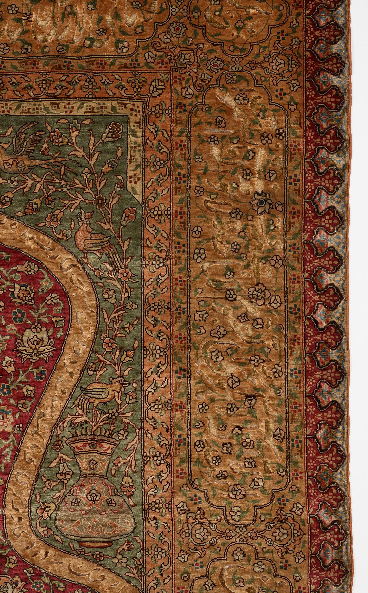 Matta, antik silke Kum Kapi med metallbroschering, Istanbul omkring 1910, "Sultan's Head Prayer" design.