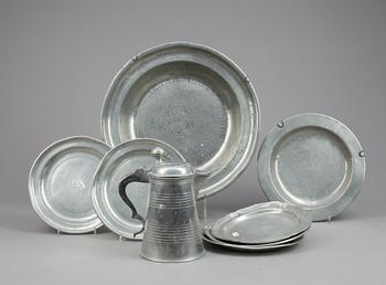 STOP samt FAT, 7 st, tenn, 1700-1800-tal. Bla. Fredrik Ahlman, 1766-1789.