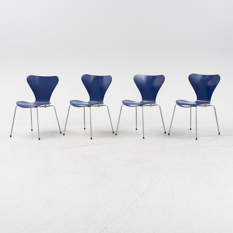 Arne Jacobsen, a set of four model 'Seven' chairs, Fritz Hansen, Denmark, dated 1989.